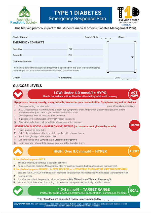 Type 1 Diabetes Emergency Response Plan (lower glucose limit (4.0mmol/l) 2026